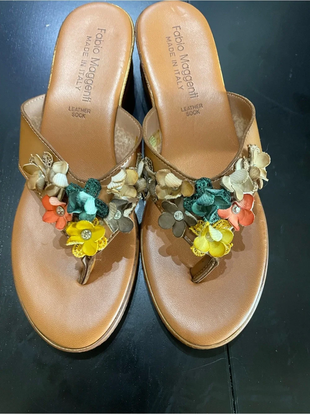Fabio Maggenti Sandal ladies 9Tan Multi Floral Leather stone Italy shoes wedge